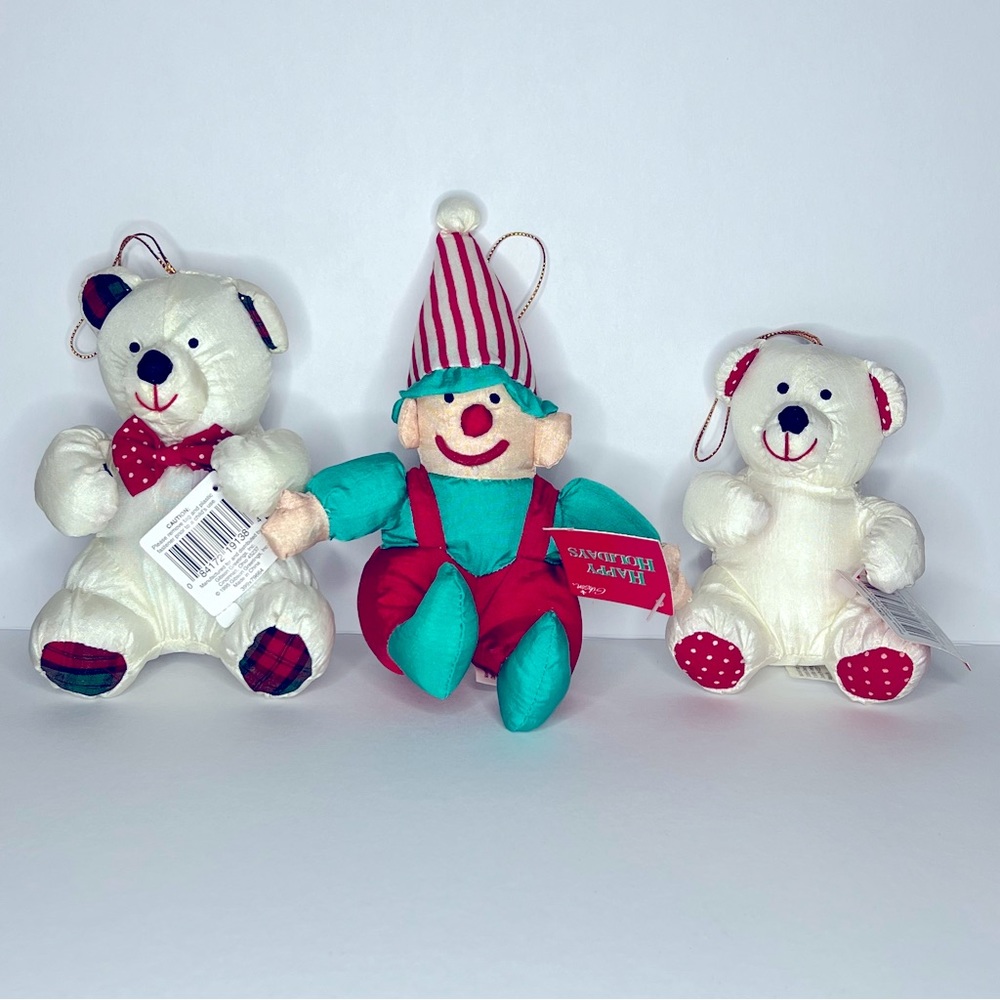 NWT Vintage Gibson Puffy Shiny Plush Bear and Clown Ornaments Set of 3 Holiday